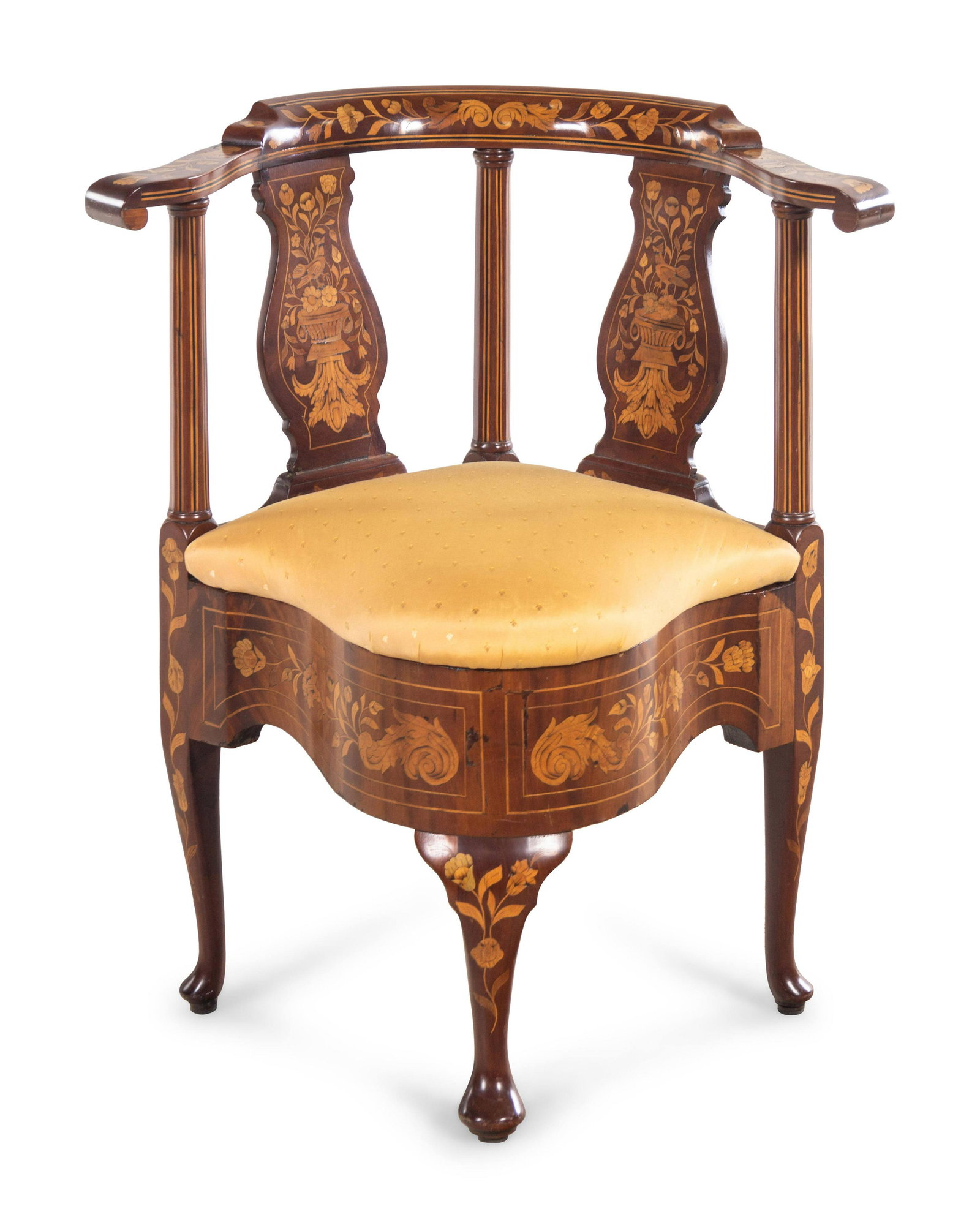 A Dutch Marquetry Corner Chair: A Dutch Marquetry Corner Chair 19th Century Height 32 3/4 inches.