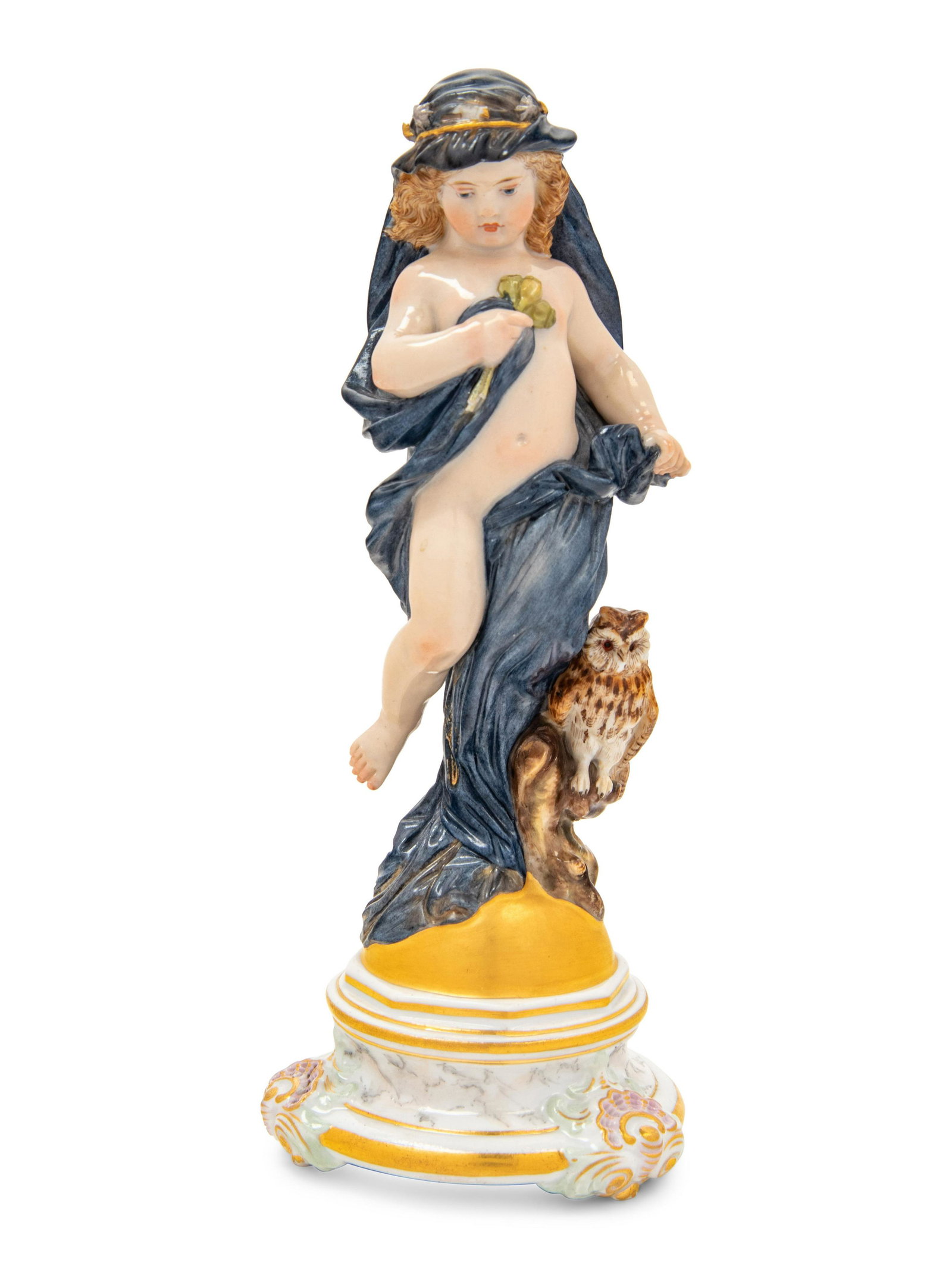 A Meissen Porcelain Figure Emblematic of Night: A Meissen Porcelain Figure Emblematic of Night 19th Century bearing first quality crossed swords in underglaze blue, incised M 106 and with other impressed marks to the underside. Height 7 inche