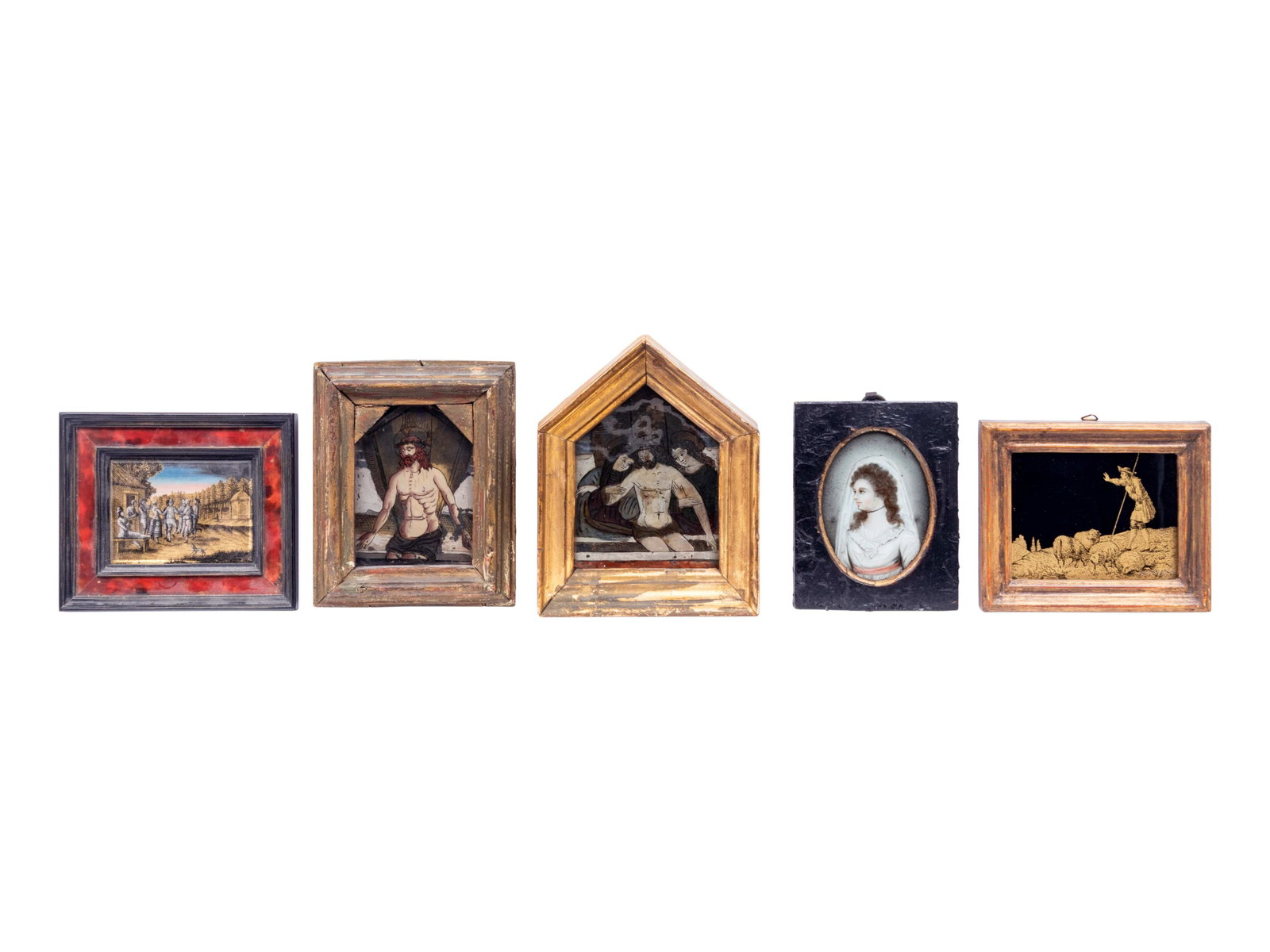 A Collection of Thirteen Continental Reverse-Painted: A Collection of Thirteen Continental Reverse-Painted Glass Plaques and Miniature Paintings 18th/19th Century comprising four portrait miniatures, one dated 1797 to the front, another with inscr