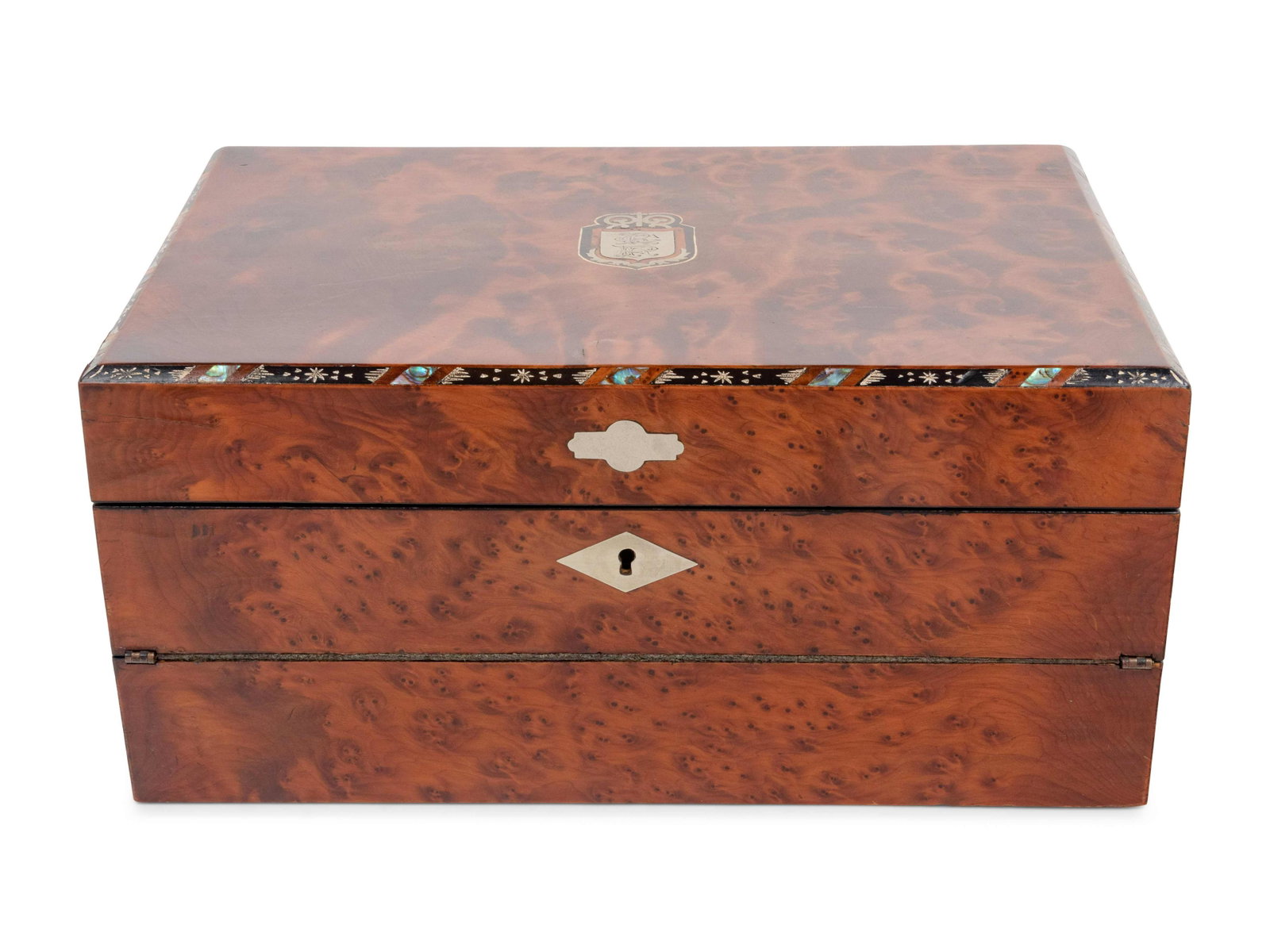A Late Regency Mother-of-Pearl and Brass Inlaid: A Late Regency Mother-of-Pearl and Brass Inlaid Burlwood Writing Slope Circa 1830 opening to a gilt-tooled leather inset writing surface and a felt-lined removable compartment. Height 6 x width 13 x d