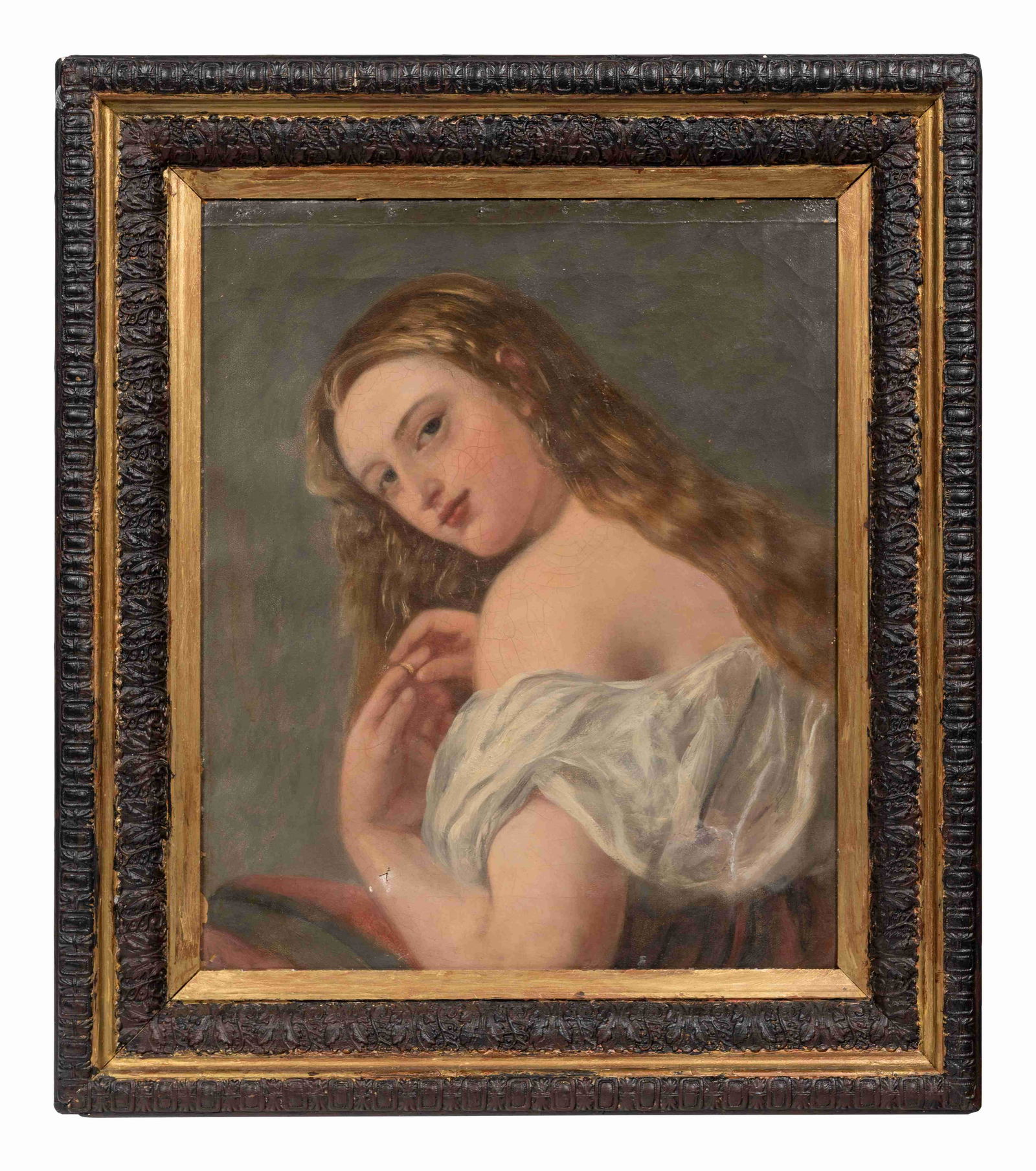 Manner of Thomas Sully (British, 19th Century): Manner of Thomas Sully (British, 19th Century) Woman with a Gold Ring oil on canvas 24 1/8 x 20 inches.