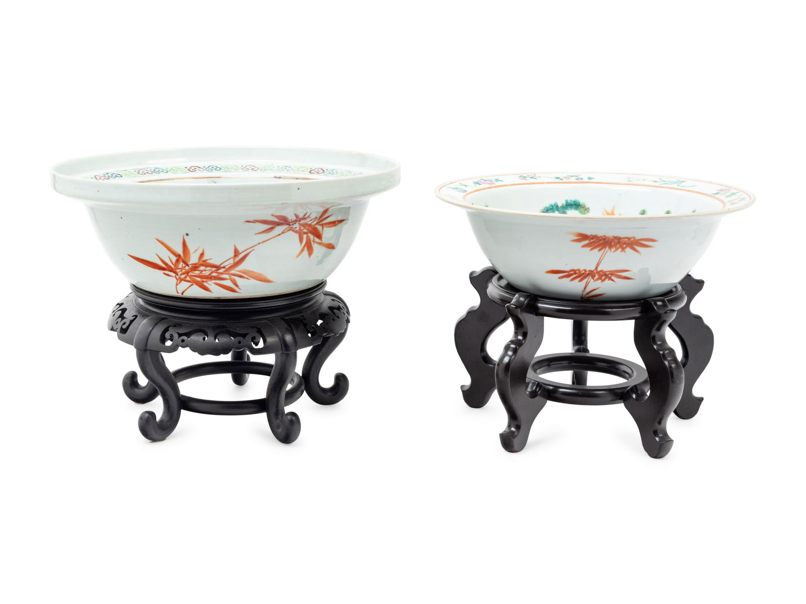 Two Chinese Enameled Porcelain Bowls with Wood Stands (1 of 4)