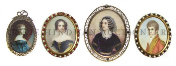 A Collection of Four Portrait Miniatures, Height o: A Collection of Four Portrait Miniatures, each of oval form, comprising a couple in jeweled frames, a lady in a silver frame and a lady in an open wire frame. Height of pair 3 7/8 inches.