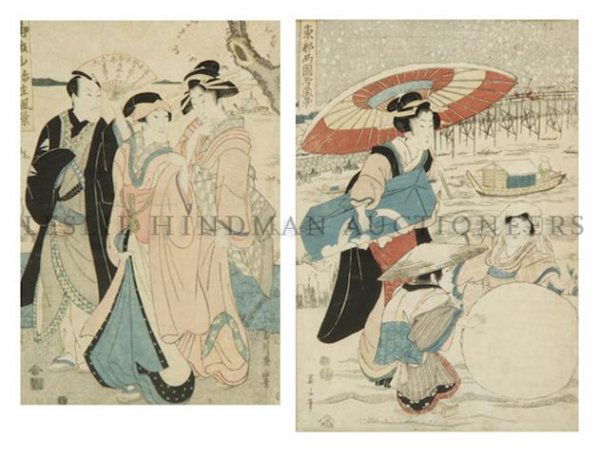 A Collection of Two Japanese Woodblock Prints, Hei: A Collection of Two Japanese Woodblock Prints, each depicting three figures at various pursuits, framed. Height of tallest overall 24 3/4 inches.