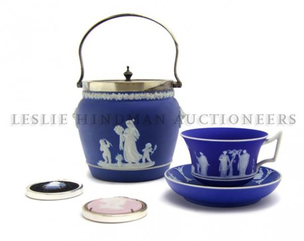 A Collection of Jasperware Articles, Height of fir: A Collection of Jasperware Articles, comprising a silverplate mounted biscuit barrel, a teacup and saucer and four medallions. Height of first over handle 8 1/2 inches.