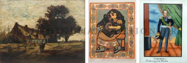 A Collection of Four Framed Decorative Articles, H: A Collection of Four Framed Decorative Articles, comprising an etching, an eglomise panel depicting Leopold, an interior scene and a cartoon, together with an unframed oil on board and three prints. H