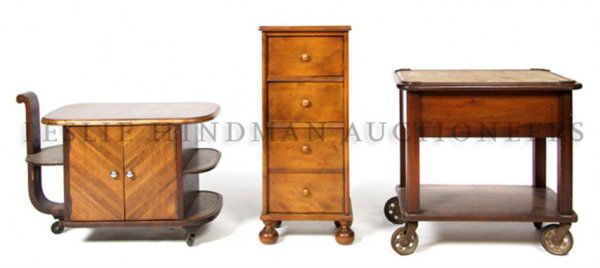 A Collection of American Bar Carts and Cabinet, He: A Collection of American Bar Carts and Cabinet, comprising two drink trolleys and a combination card, humidor and beverage cabinet. Height of tallest 32 1/4 inches.