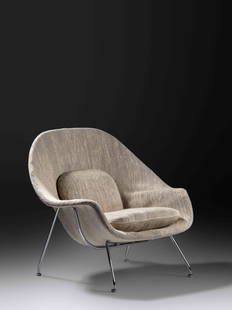 Eero Saarinen (Finnish/American, 1910-1961) Womb Chair,: Eero Saarinen (Finnish/American, 1910-1961) Womb Chair, c. 1950s Knoll Associates, USA upholstery, chrome-plated steel manufacturer's label to underside H 35 1/2 x W 39 x D 30 inches. Property from th