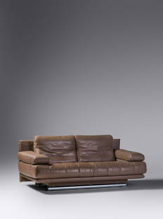 Cy Mann (American, 20th Century) Benz Linear Settee: Cy Mann (American, 20th Century) Benz Linear Settee Mann Designs, USA leather, chrome-plated steel manufacturer's label to underside H 30 x W 71 1/2 x D 34 1/4 inches.