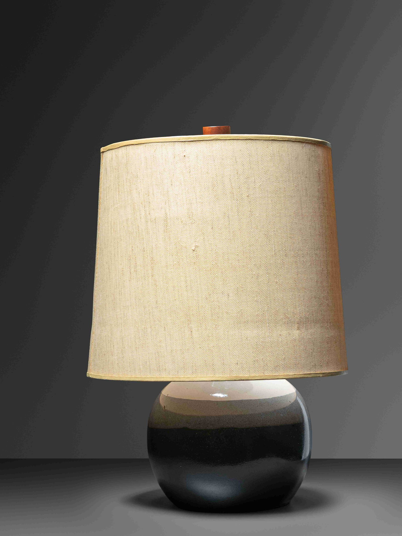 Gordon and Jane Martz (American, 1924-2015 | American,: Gordon and Jane Martz (American, 1924-2015 | American, 1929-2007) Table Lamp Marshall Studios, USA glazed stoneware, walnut, linen signed H 17 x Dia 7 inches.