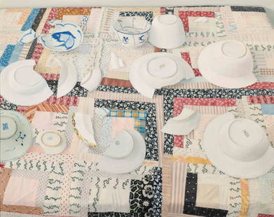 Peter Plamondon (American, 1944-2020) Dishes on Quilt,: Peter Plamondon (American, 1944-2020) Dishes on Quilt, 1981 oil on canvas initialed PP and dated (lower right) 40 x 50 inches. Sold to Benefit the Acquisition Fund of the Indianapolis Museum of Art at