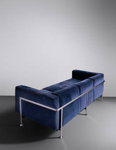 Trix and Robert Haussmann (Swiss, b. 1933 | Swiss, b.: Trix and Robert Haussmann (Swiss, b. 1933 | Swiss, b. 1931) Sofa, c. 1970 De Sede, USA/Switzerland upholstery, chrome-plated steel H 27 1/4 x W 86 x D 32 1/2 inches. Thomas Oakes, Chicago, Illinois