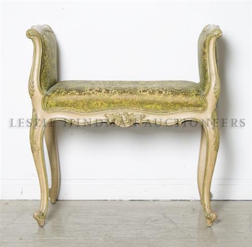 A Louis XVI Style Painted Window Bench, Height 25 3/4 x: A Louis XVI Style Painted Window Bench, the upholstered arms and seat within a carved frame raised on cabriole legs. Height 25 3/4 x width 48 x depth 14 1/2 inches.