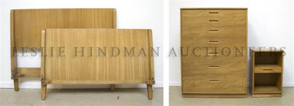 A Partial Bedroom Suite, Edward Wormley for Dunbar, Hei: A Partial Bedroom Suite, Edward Wormley for Dunbar, comprising two tall chests, a side cabinet and two bed frames. Height of the first 46 x width 34 x depth 20 inches.