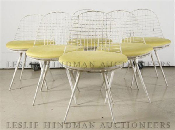 A Set of Six Armchairs, Designed by George Nelson for K: A Set of Six Armchairs, Designed by George Nelson for Knoll, comprised of wire mesh chairs with white enamel and green cushions.