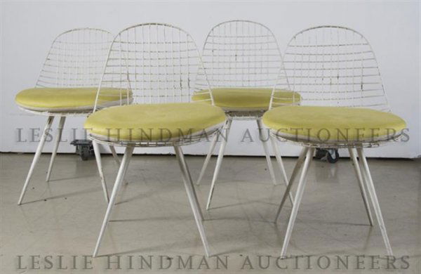 A Set of Six Armchairs, Designed by George Nelson for K: A Set of Six Armchairs, Designed by George Nelson for Knoll, comprised of wire mesh chairs with white enamel and green cushions.