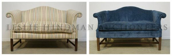 A Group of Two Upholstered Settees, Width of widest 59 : A Group of Two Upholstered Settees, having out scrolled arms and arched backs raised on square reeded legs joined by stretchers. Width of widest 59 inches.