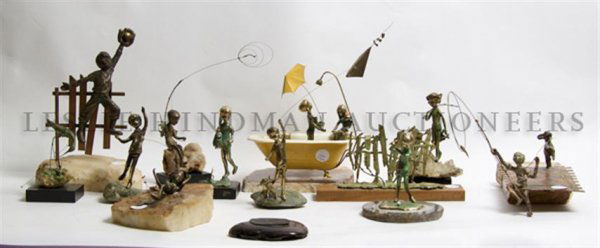 A Collection of Bronze Figures and Figural Groups, Malc: A Collection of Bronze Figures and Figural Groups, Malcolm Moran, 20th century, most depicting children at play, together with one disassembled example; 12 items total. Height of tallest 11 7/8 inches