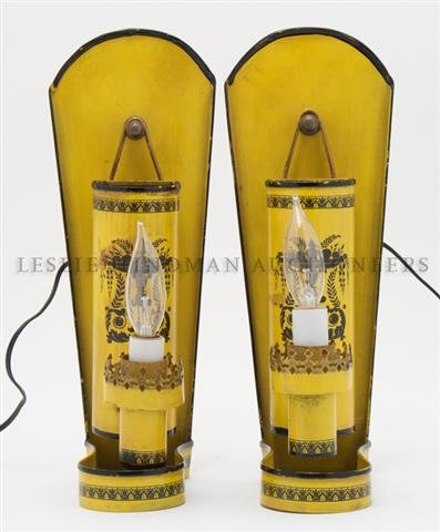 A Pair of Italian Tole Sconces, Height 12 1/2 inches.: A Pair of Italian Tole Sconces, having a yellow reserve with black foliate and urn decoration, each in two parts. Height 12 1/2 inches.