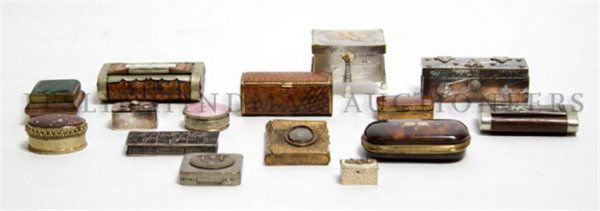 A Collection of Metal Boxes, Width of widest 3 1/2 inch: A Collection of Metal Boxes, comprising sterling, filigree, tortoise shell and others; 16 items total. Width of widest 3 1/2 inches. Property from the Estate of Mr. Melvin Bullard, Chicago, Illinois