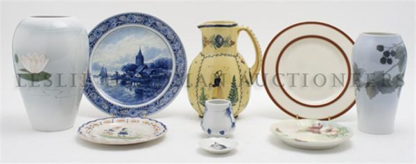 A Set of Eleven Lenox Dinner Plates, Diameter of first : A Set of Eleven Lenox Dinner Plates, together with a Royal Coppenhagen vase decorated with raspberries, a B&G vase decorated with water lilies, a Quimper ewer, a Delft plate, a Bavarian saucer and an 