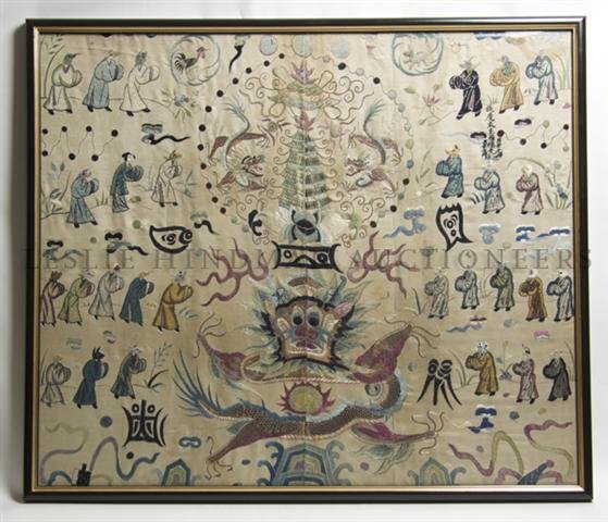 An Asian Silk Embroidery, Height (visible) 39 5/8 x wid: An Asian Silk Embroidery, depicting a beast at center with figures throughout. Height (visible) 39 5/8 x width 39 1/4 inches. Property from the Estate of Mrs. John H. (Len W.) Perkins, Wilmette, Illin