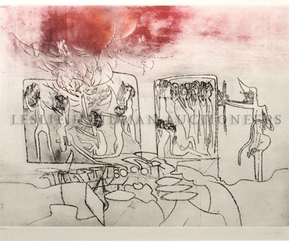 Wifredo Lam, (Cuban, 1902-1982), Untitled (Abstract Fig: Wifredo Lam (Cuban, 1902-1982) Untitled (Abstract Figures) color etching aquatint edition 44/100, signed (lower right) 18 x 23 inches.