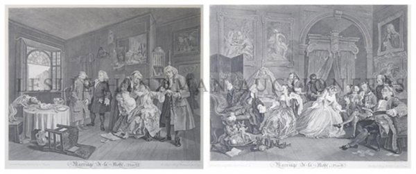 William Hogarth, (British, 1697-1764), Marriage a la Mo: William Hogarth (British, 1697-1764) Marriage a la Mode, plates 1-6; together with a hand colored work, The Indian Emperor engravings 15 1/4 x 19 inches (visible). Property from the Coll