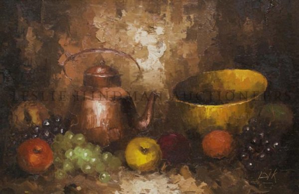 Continental School, (20th century), Still Life with Gra: Continental School (20th century) Still Life with Grapes acrylic on canvas initialed "DIK" (lower right) 24 x 36 inches.