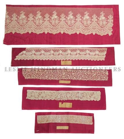 A Collection of Five Examples of Lace, Length of longes: A Collection of Five Examples of Lace, comprising Valenciennes, Point de France, Point de Venice, Point d'Alencon and Vieux Binche. Length of longest 33 1/2 inches. Property from the High Museum of Ar