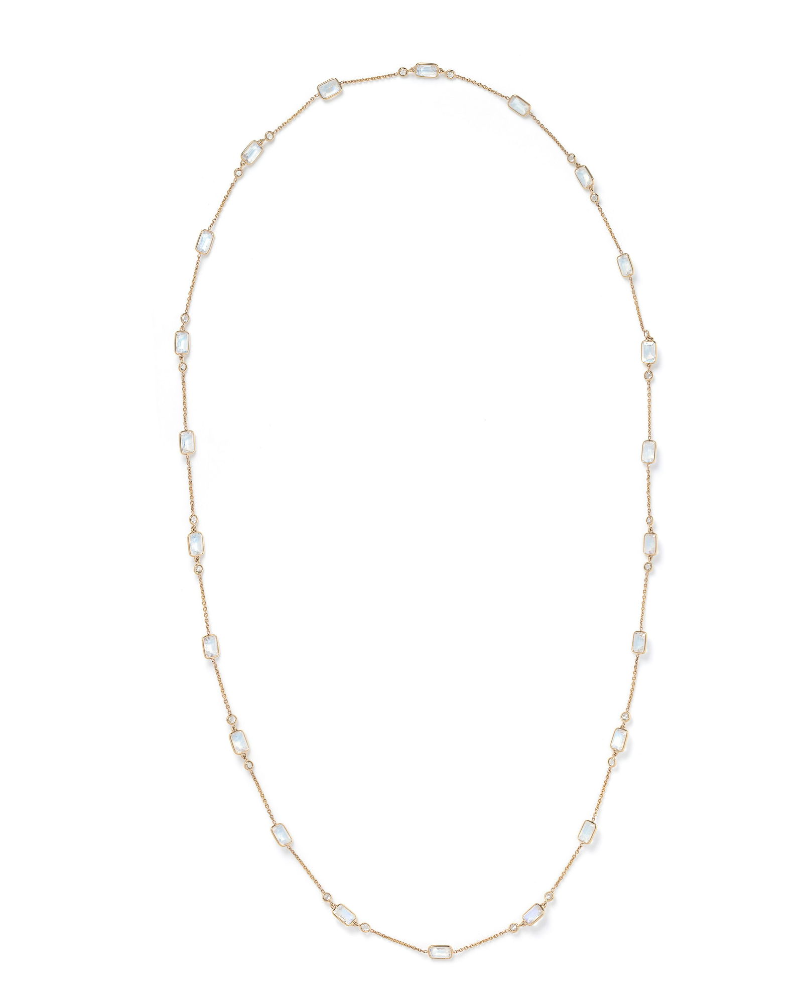YELLOW GOLD, MOONSTONE AND DIAMOND NECKACE: YELLOW GOLD, MOONSTONE AND DIAMOND NECKACE Consisting of a cable link chain interspersed with 22 emerald cut moonstones and 22 rose cut diamonds. 25 1/2 inches long. 4.45 dwt.
