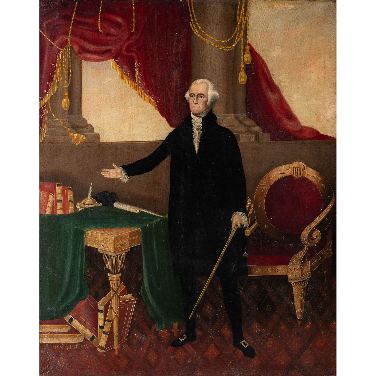 American School, 20th Century: American School, 20th Century A Portrait of George Washington, after Gilbert Stuart's Lansdowne Portrait oil on canvas signed P.N. LISHAWA (lower left) 35 1/4 x 28 1/8 inches.