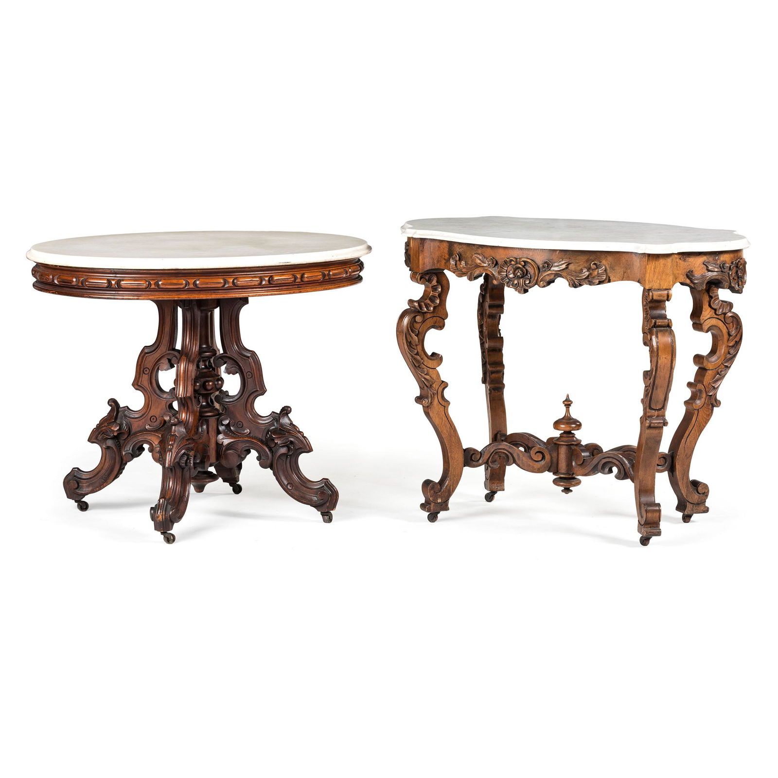 Two Renaissance Revival Carved Mahogany Marble Top: Two Renaissance Revival Carved Mahogany Marble Top Center Tables Circa 1880 Height of larger 31 1/4 x length 38 x width 26 1/2 inches. Height of smaller 29 1/4 inches. Property from the Estate of Eliz