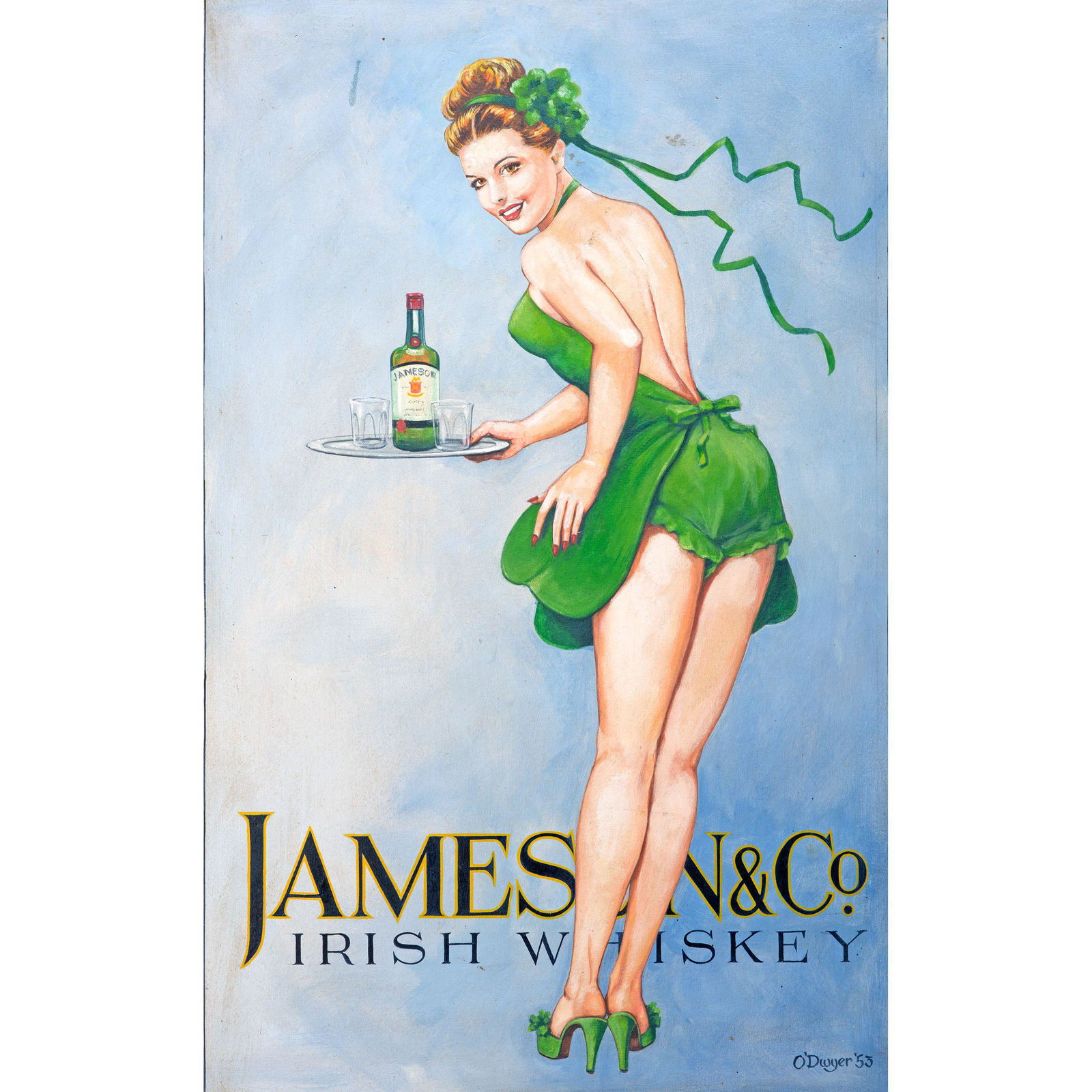 A Jameson & Co. Irish Whiskey Painted Advertising Sign: A Jameson & Co. Irish Whiskey Painted Advertising Sign 1953 oil on board signed O'Dwyer and dated lower right label on back for Rourke & O'Dwyer Signmakers, Clondalkin Dublin. 40 1/4 x 25 1/2 inches.