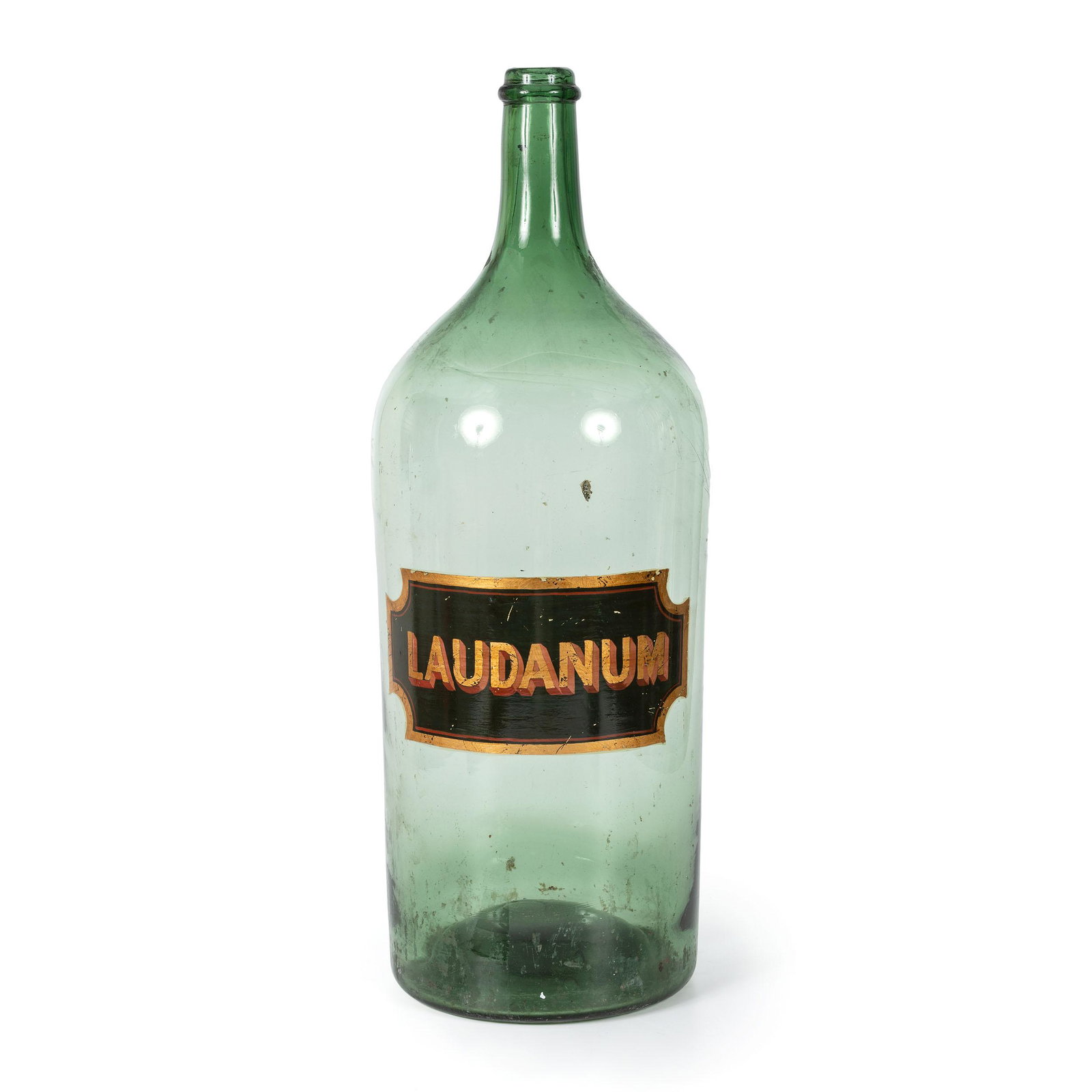 An English Painted Green Glass Laudanum : An English Painted Green Glass Laudanum Apothecary Jar Late 19th/Early 20th Century Height 24 inches.