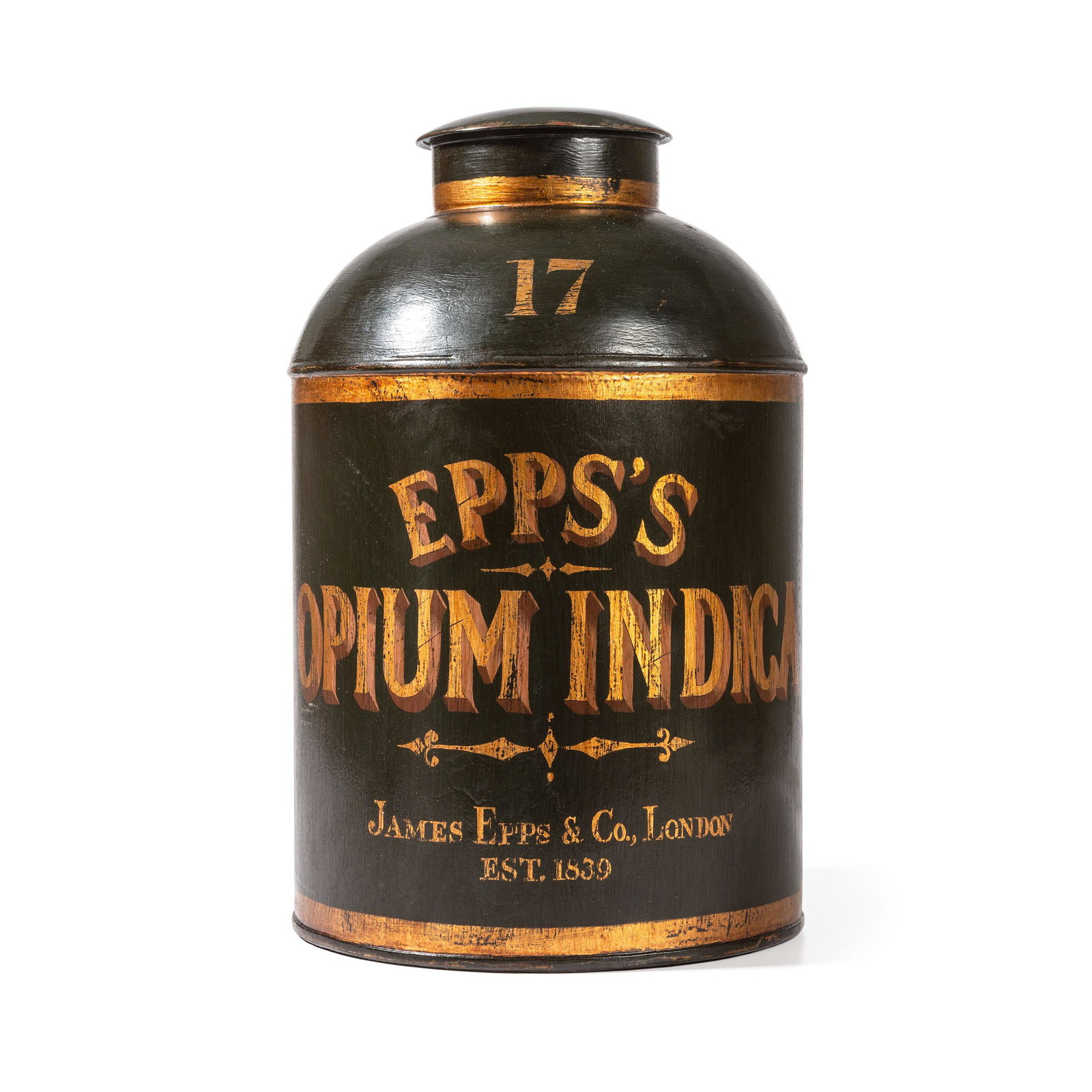 A Painted Tin Epps's Opium Indica Drug Cannister: A Painted Tin Epps's Opium Indica Drug Cannister Late 19th Century Height 14 inches.
