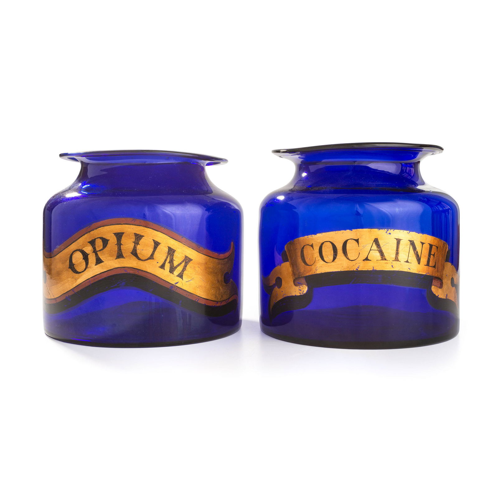 Two Painted Blue Glass Apothecary Jars for Cocaine and (1 of 3)