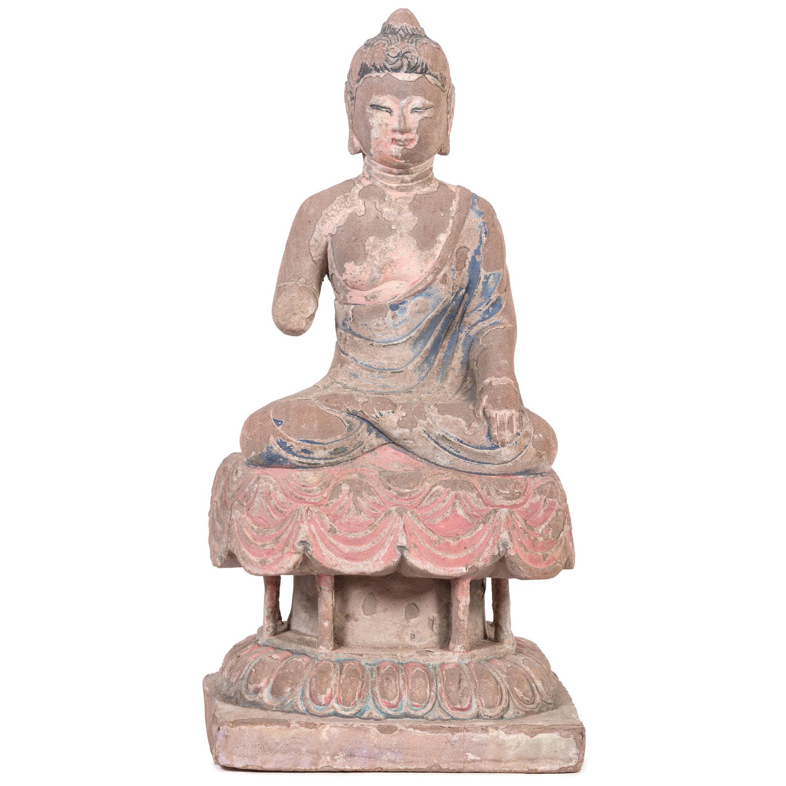 A Seated Stoned Buddha Figure on a Lotus Form Base: A Seated Stoned Buddha Figure on a Lotus Form Base having remnants of polychrome decoration. Height 19 x width of base 9 1/4 x depth of base 7 1/2 inches. Property of a Gentleman, Manchester, Kentucky
