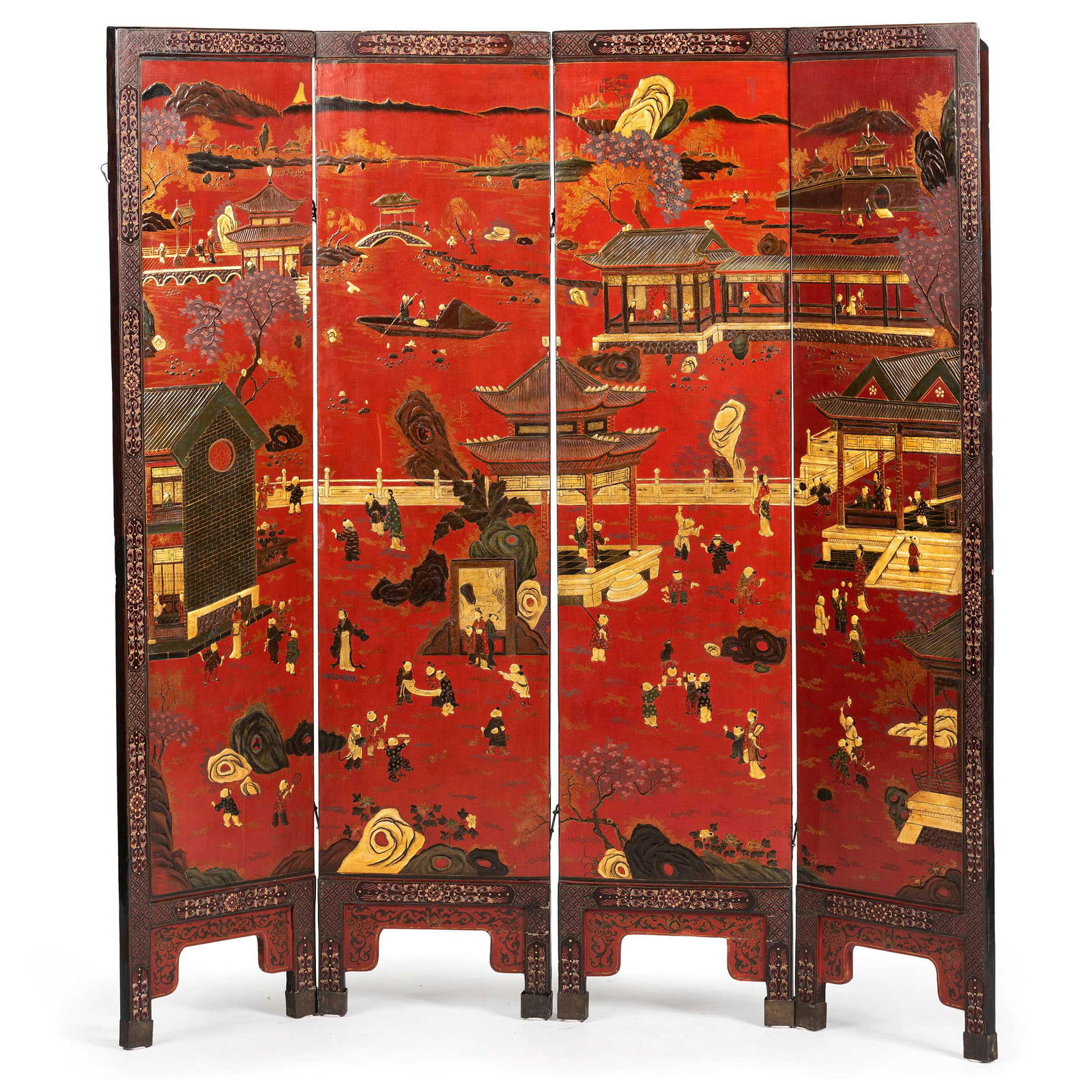 A Chinese Export Red Lacquer Four Panel Floor Screen (1 of 2)