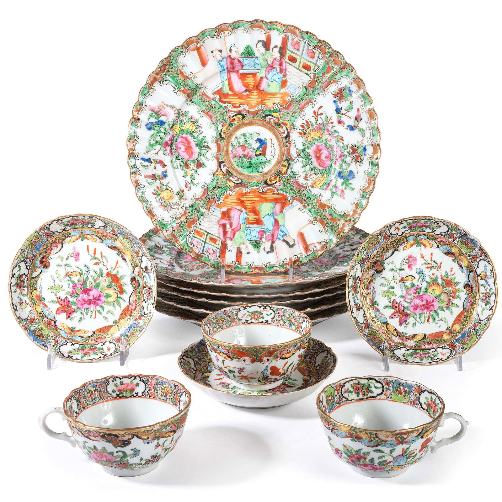 Six Rose Medallion Porcelain Plates and Three Cups and (1 of 2)