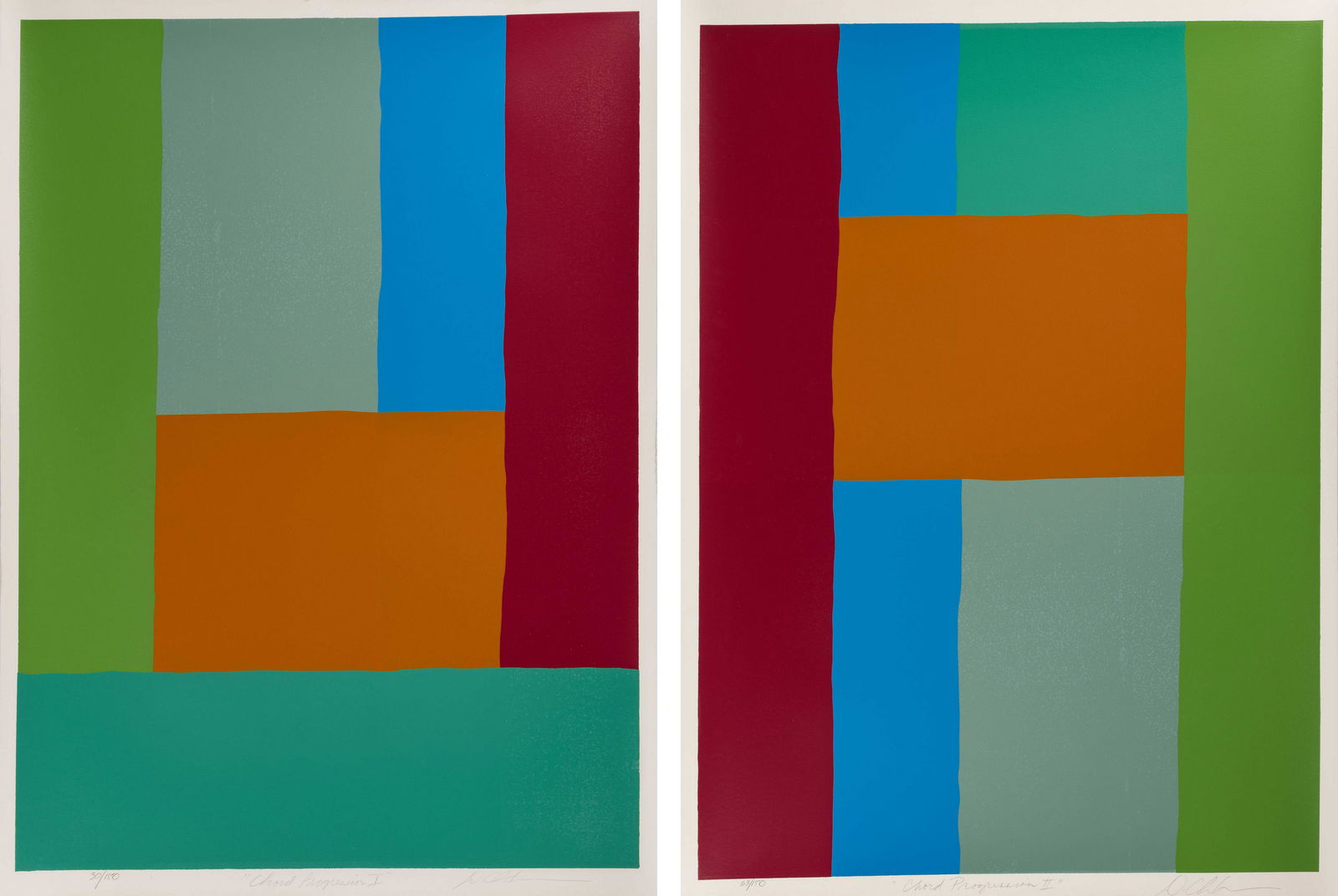 Dan Christensen (American, 1942-2007) Chord Progression: Dan Christensen (American, 1942-2007) Chord Progression I and II , 1978 screenprint each signed, titled, and numbered out of 150 in pencil each 38 x 28 inches. Deaccessioned from the Boca Raton