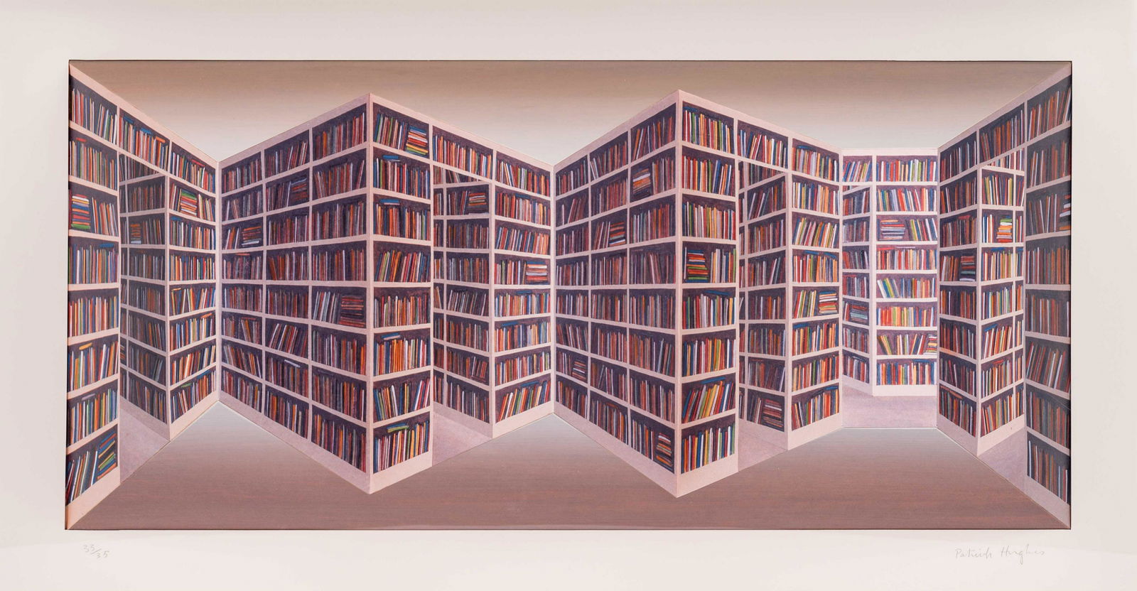 Patrick Hughes (British, b. 1939) Reverspective, 1997: Patrick Hughes (British, b. 1939) Reverspective, 1997 three-dimensional lithograph with hand coloring mounted in Plexiglas case signed and numbered 33/35 in pencil 11 1/2 x 24 3/4 x 6 inches.