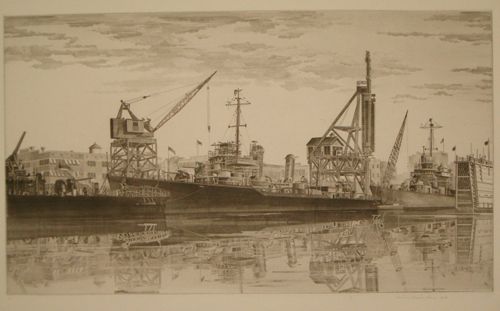 JOHN TAYLOR ARMS (american 1887-1953) DESTROYERS IN: JOHN TAYLOR ARMS (american 1887-1953) DESTROYERS IN WET BASIN AT FEDERAL SHIPBUILDING AND DRYDOCK COMPANY, SOUTH KEARNEY, NJ., U.S.S. RADFORD QUICK, MERVINE 1943, edition of 875. Pencil signed, dated,