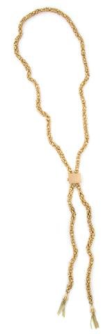 An 18 Karat Yellow Gold Tassel Necklace, 82.70 dwts.: An 18 Karat Yellow Gold Tassel Necklace, measuring approximately 38 inches long, with enhancer. Enhancer stamp: 18Kt. 82.70 dwts.