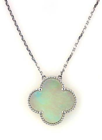 An 18 Karat White Gold and Mother-of-Pearl Alhambra" Ne: An 18 Karat White Gold and Mother-of-Pearl "Alhambra" Necklace, Van Cleef & Arpels, pendant measures approximately 25.00 x 25.00 mm, stamp: BL246355 VCA 750. Length 16 inches. 6.90 dwts.