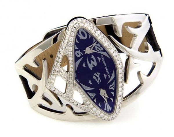 A Stainless Steel and Diamond The Libertine" Wristwatch: A Stainless Steel and Diamond "The Libertine" Wristwatch, Stephen Webster, containing numerous round brilliant cut diamonds weighing approximately 1.70 carats total, quartz movements, dual time zone,