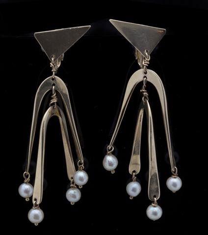 A Pair of 14 Karat Yellow Gold and Cultured Pearl Earri: A Pair of 14 Karat Yellow Gold and Cultured Pearl Earrings, Ed Wiener, containing eight pearls measuring approximately 4.75 mm in diameter. Stamp: WIENER 14K. 9.00 dwts.