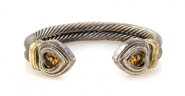 A Sterling Silver, 14 Karat Yellow Gold and Citrine Cuf: A Sterling Silver, 14 Karat Yellow Gold and Citrine Cuff Bracelet, David Yurman. Property From the Estate of Barbara Schwartz Bromberg, Cincinnati, Ohio