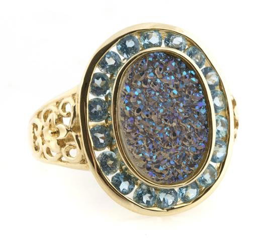 A 14 Karat Yellow Gold, Coded Drusy Quartz and Blue Syn: A 14 Karat Yellow Gold, Coded Drusy Quartz and Blue Synthetic Topaz Ring. 3.10 dwts. Property From the Estate of Barbara Schwartz Bromberg, Cincinnati, Ohio