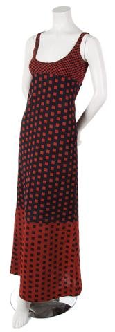 A Rudi Gernreich Black and Red Knit Maxi Dress, Size 8.: A Rudi Gernreich Black and Red Knit Maxi Dress, 1973, square pattern throughout. Labeled: Rudi Gernreich for Harmon Knitwear. Size 8. Property of Leon Bing, Model and Muse to Rudi Gernreich, Pasadena,